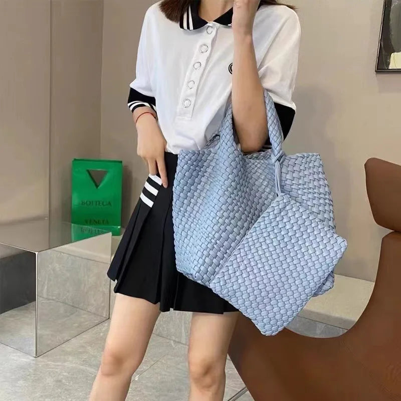 Women PU Leather Knitting Handbag Lady Fashion Classic Tote Female Quality Hand-woven Basket Shoulder Bag Messenger with Purse 24Hr Smart